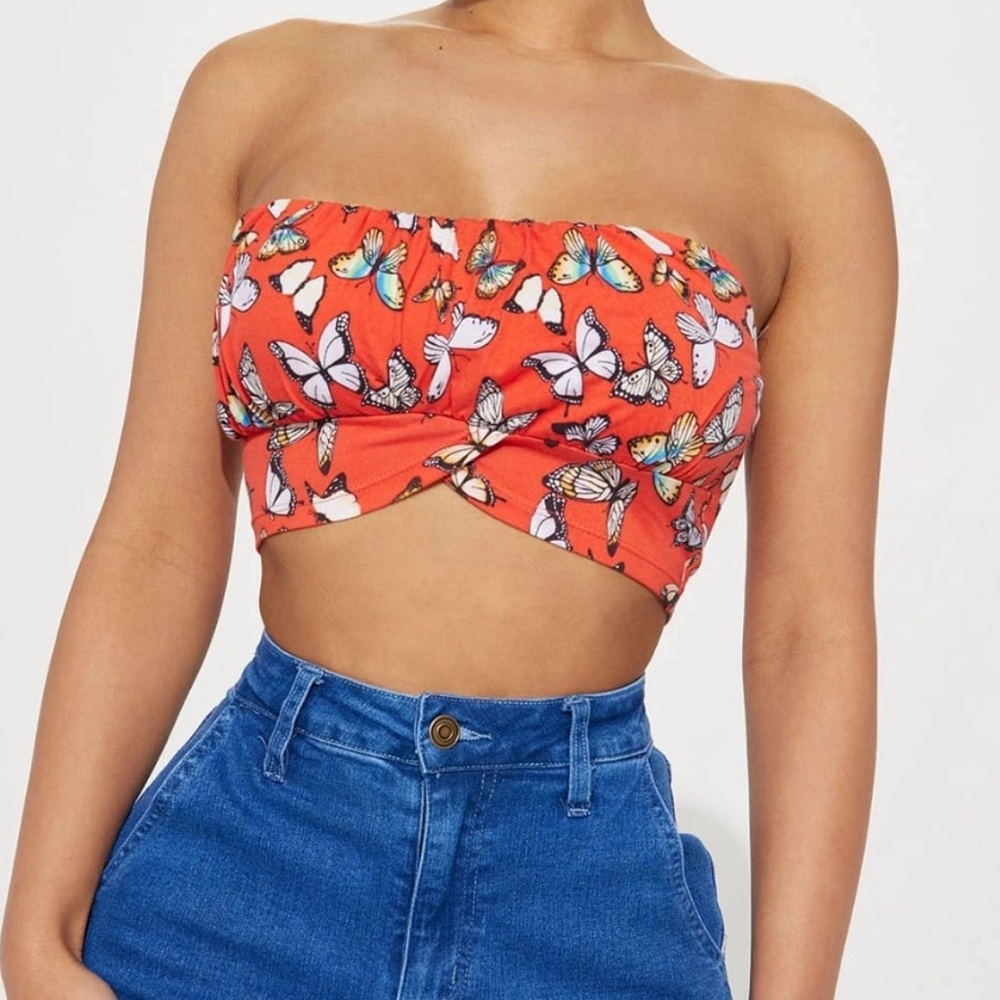 Orange Multi-Color Butterfly Tube Top